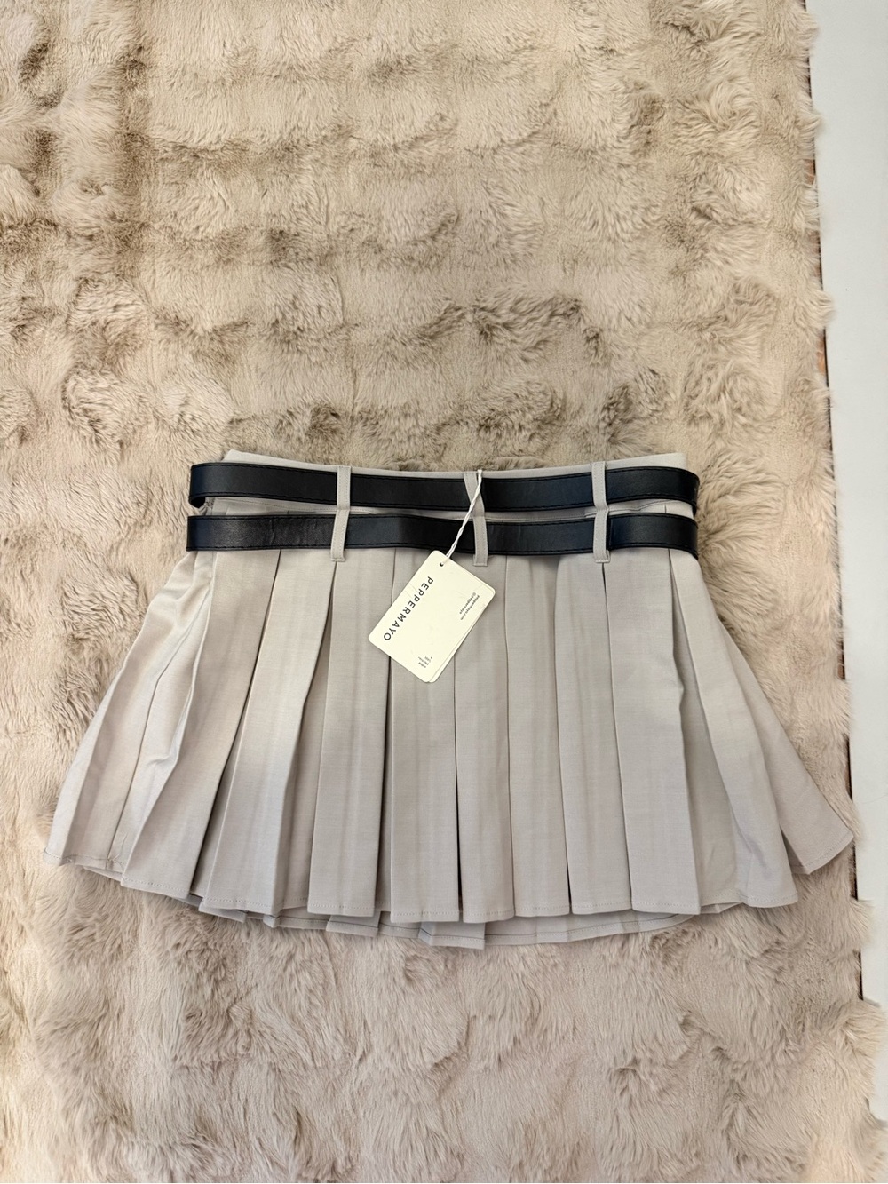 Peppermayo Light Gray Pleated Mini Skirt with Double Black Belt
